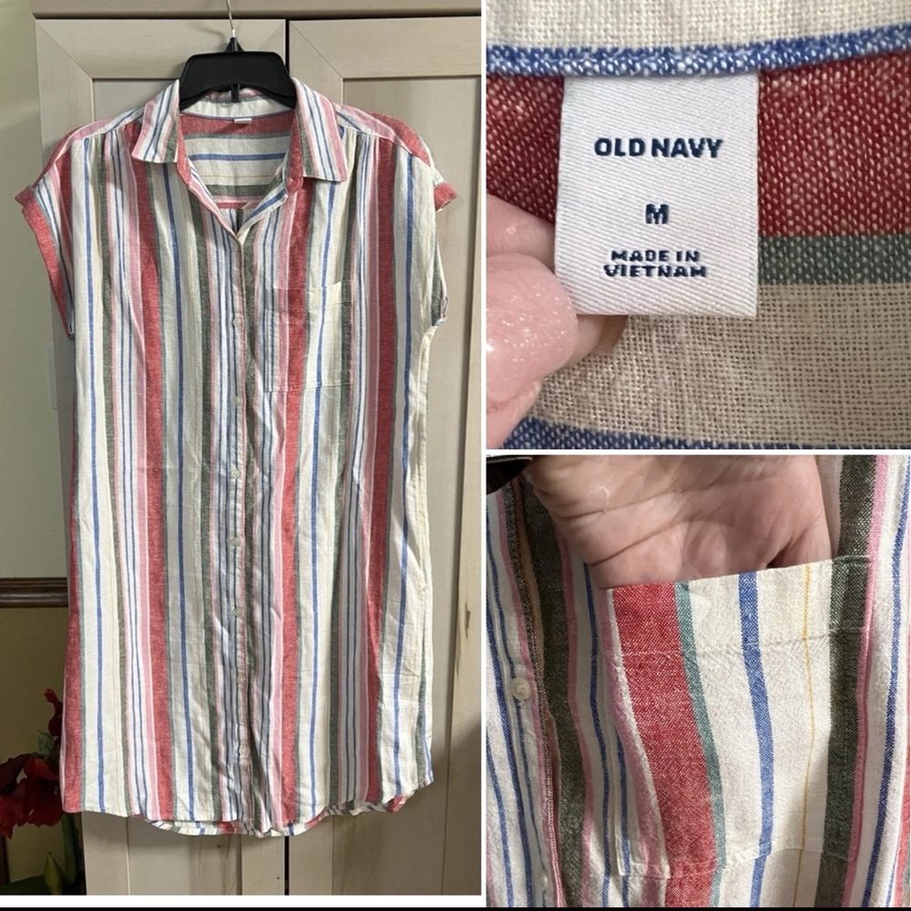 Old Navy -Size M - Linen Blend Shirt Dress - Red White Blue Pink Button-Up - Picture 12 of 13
